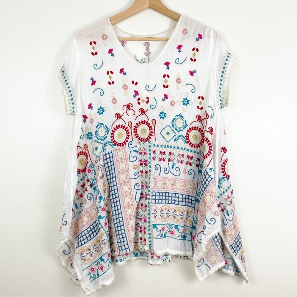 Johnny Was Madhuri Tunic Top Embroidered White Colorful Short Sleeve Small